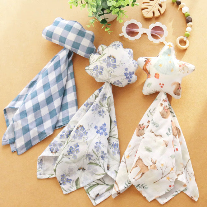 Blue check cloud organic cotton muslin security blanket for newborn boys and girls