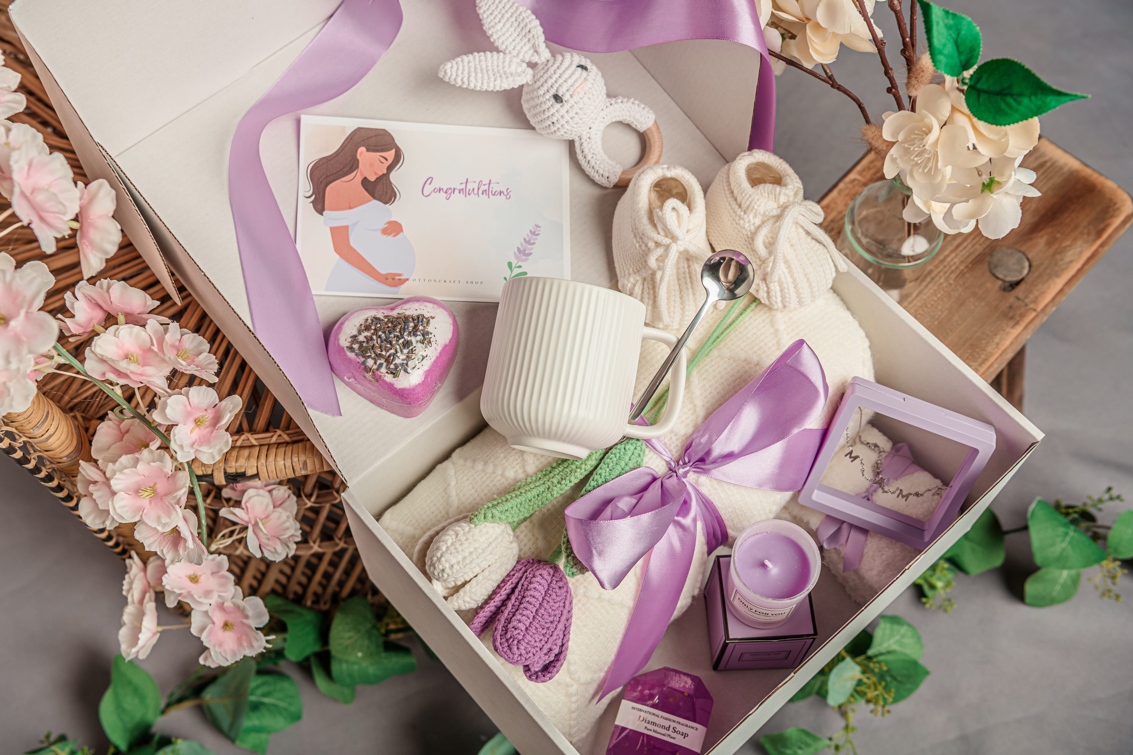 Cotton Craft Baby Gift Box Luxe Lavender Mama & Baby Ultimate Gift Bundle – Luxury Baby Shower Gift Basket for Mom & Baby Personalized and custom baby gifts