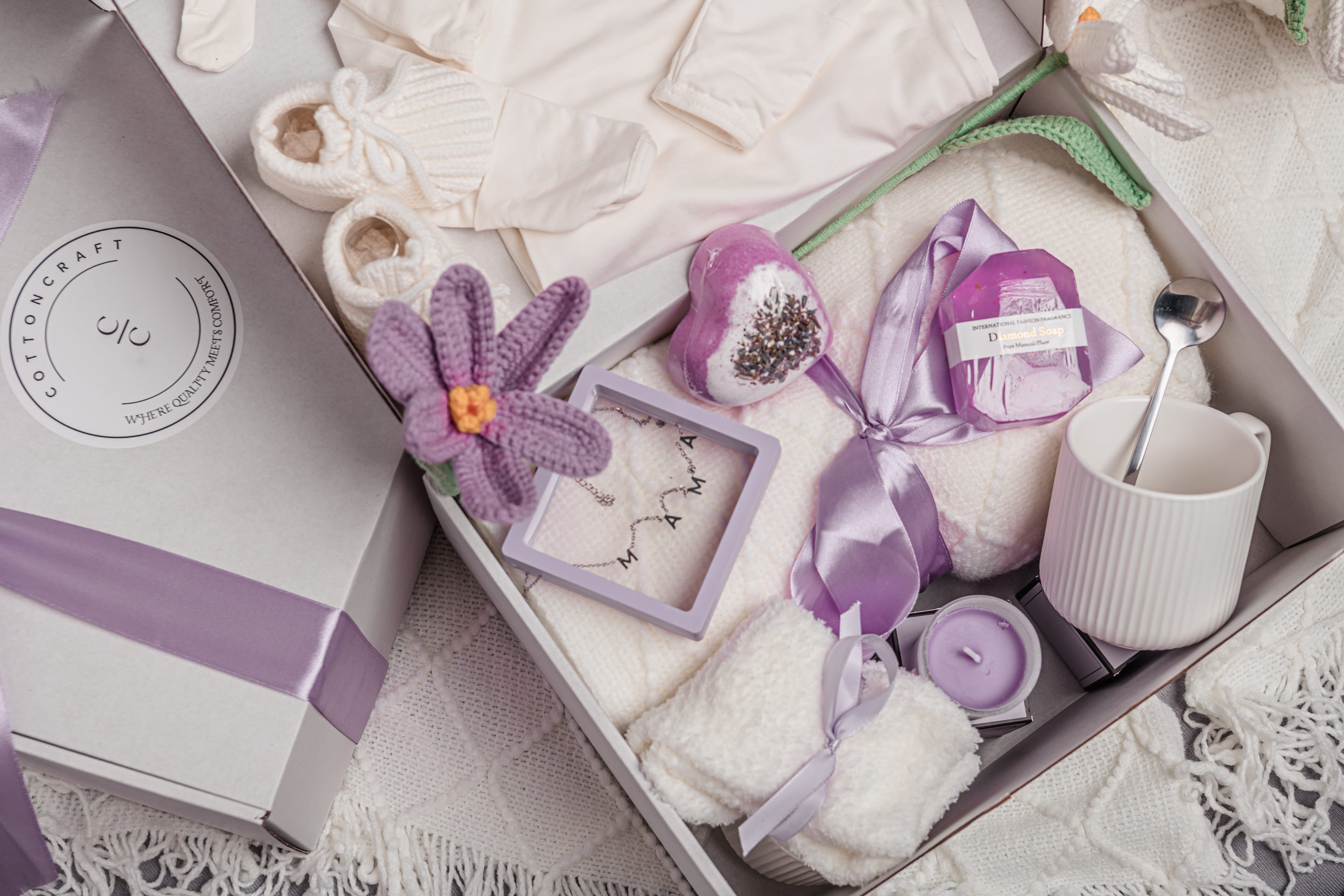 Cotton Craft Baby Gift Box Luxe Lavender Mama & Baby Ultimate Gift Bundle – Luxury Baby Shower Gift Basket for Mom & Baby Personalized and custom baby gifts