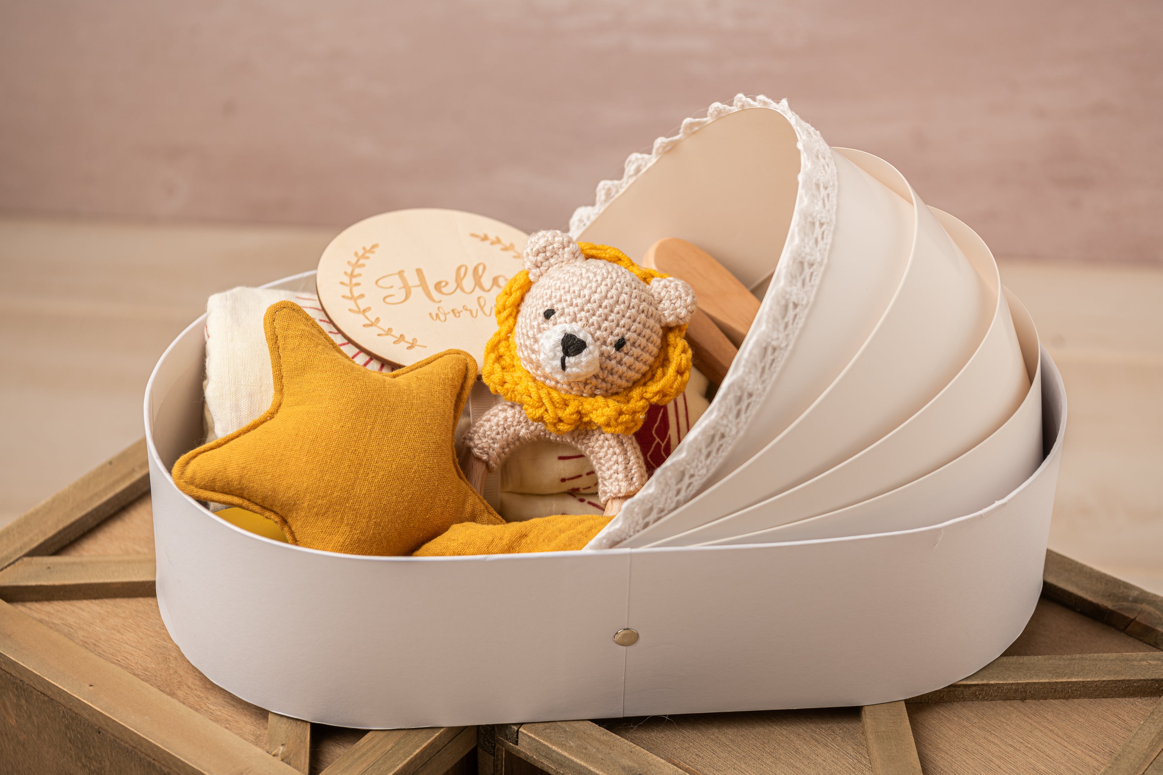 newborn baby gift basket for baby showers with swaddle blanket, baby knitted teether toy, baby brush and welcome card yellow