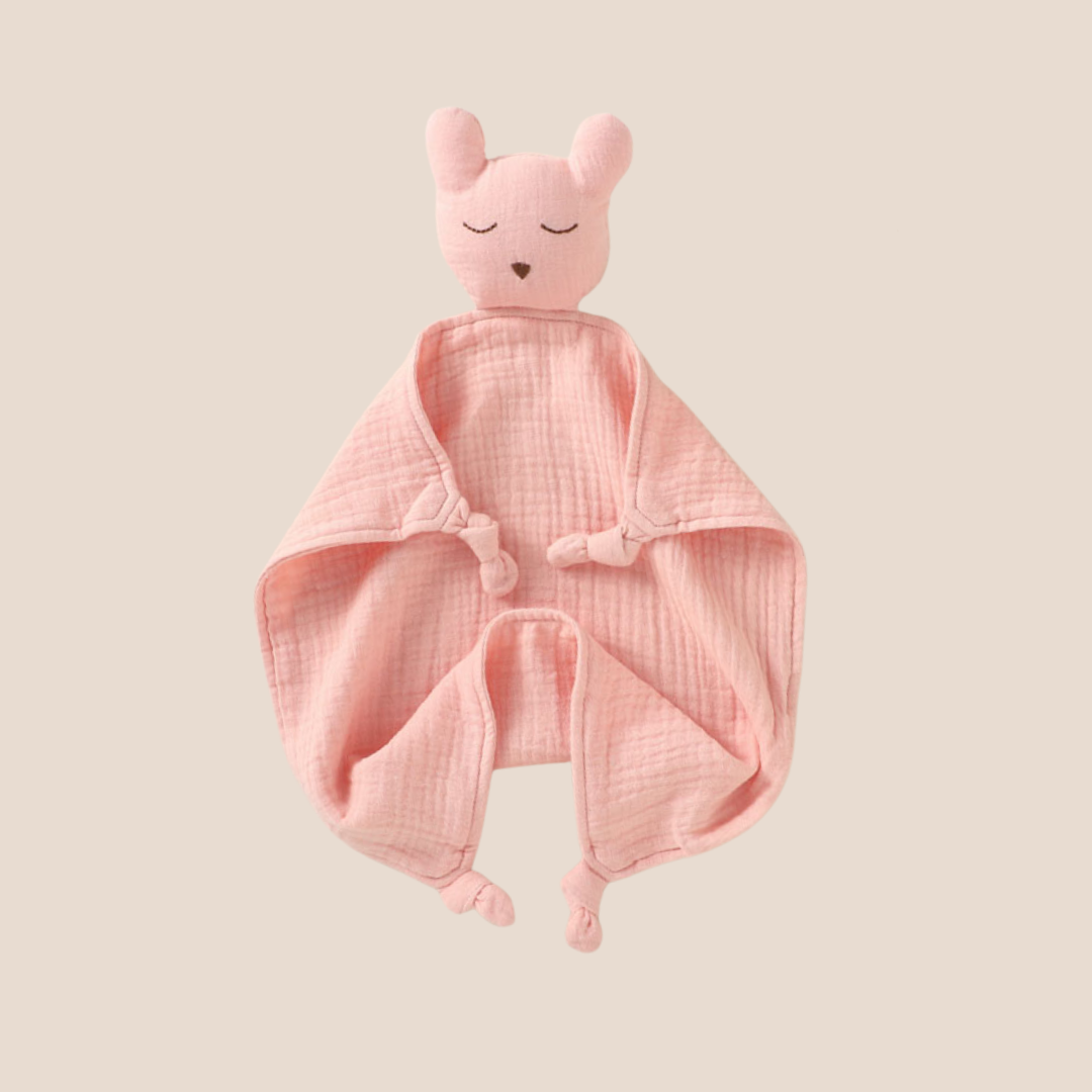 Organic Cotton Muslin Bear Security Blanket Lovey in Blush Pink with a soft plush bear head.