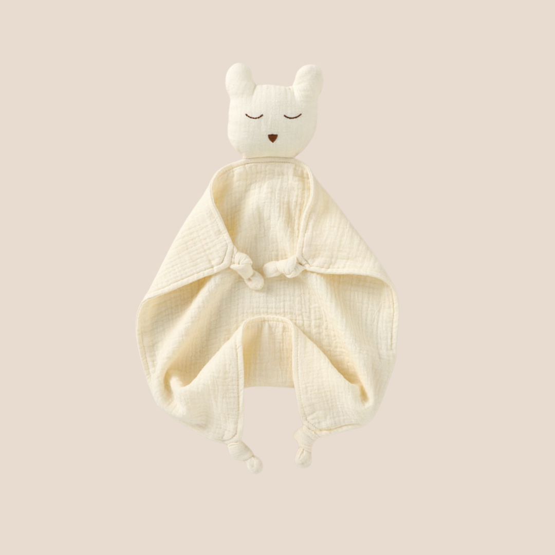 Premium organic cotton muslin bear lovey for newborns, baby showers, and nursery essentials.