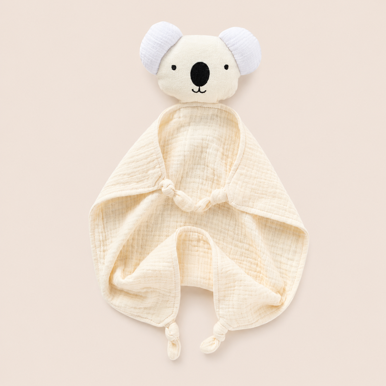 Organic Cotton Muslin Koala Security Blanket Lovey in Ivory with soft plush koala head.