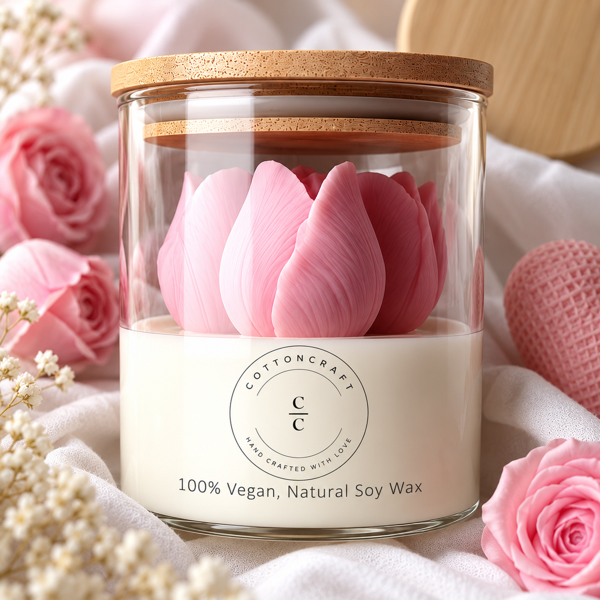 Cotton Craft luxury tulip soy wax candle with blush pink sculpted petals in a glass jar with bamboo-style lid.