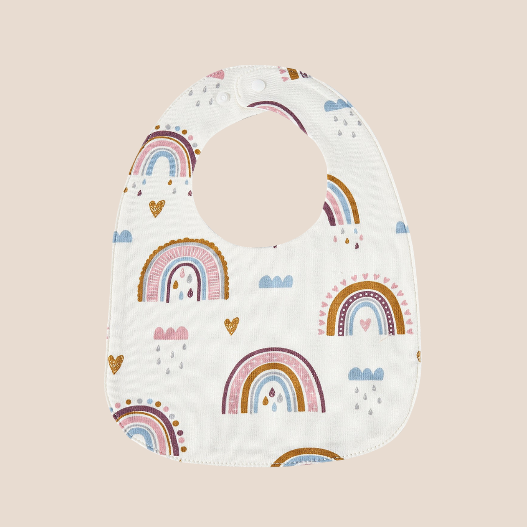 Boho rainbow Organic Cotton Muslin Baby Bib with secure adjustable snap closure.