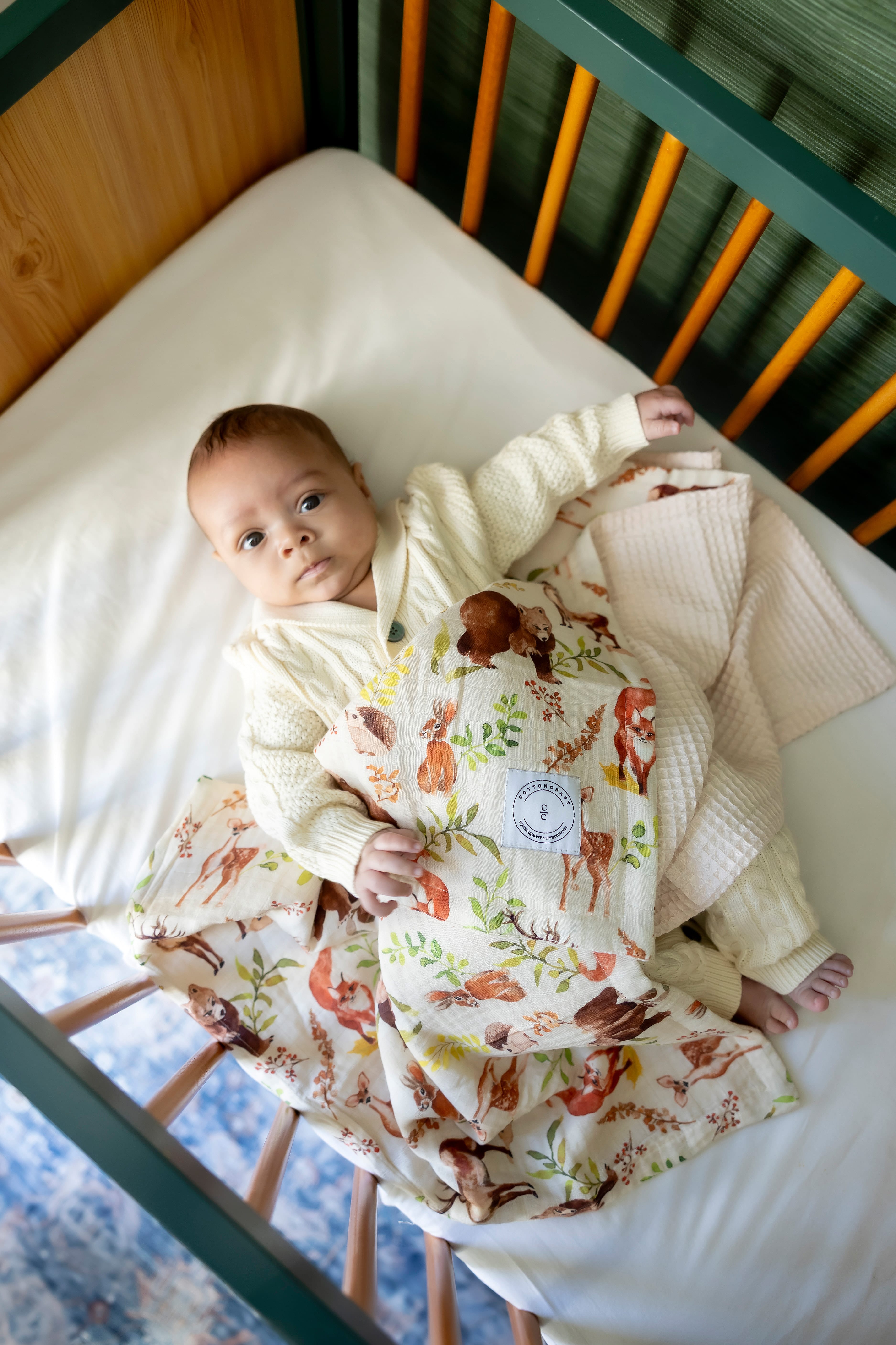 Cotton Craft bamboo cotton blanket Reversible Bamboo Muslin & Waffle Cotton Baby Blanket – Woodland Animal Print Personalized and custom baby gifts
