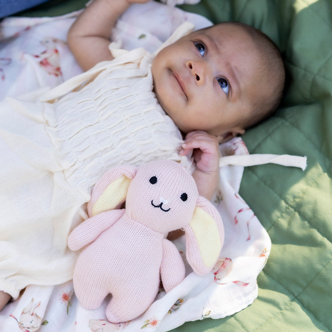 Baby lying on a green blanket with a pink plush toy