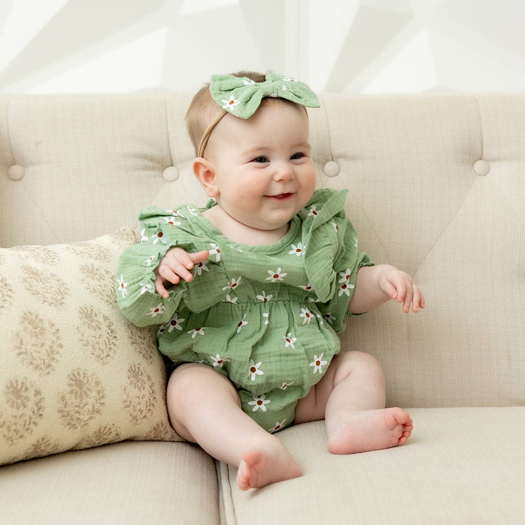 Cotton Craft baby apparel Muslin Baby Girl Romper with Matching Headband – Sage Daisy | 3–6 Months Personalized and custom baby gifts