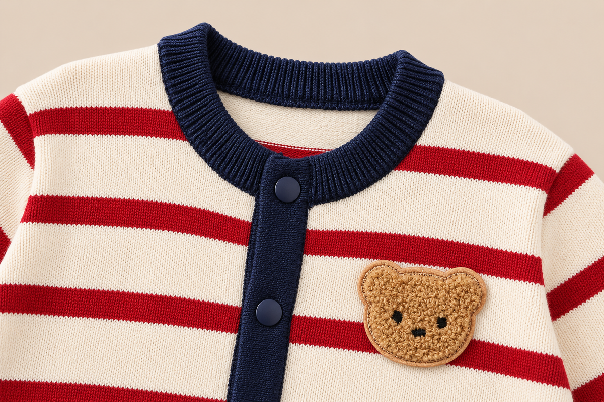Close-up of textured brown teddy bear patch on red and cream striped baby knit romper.