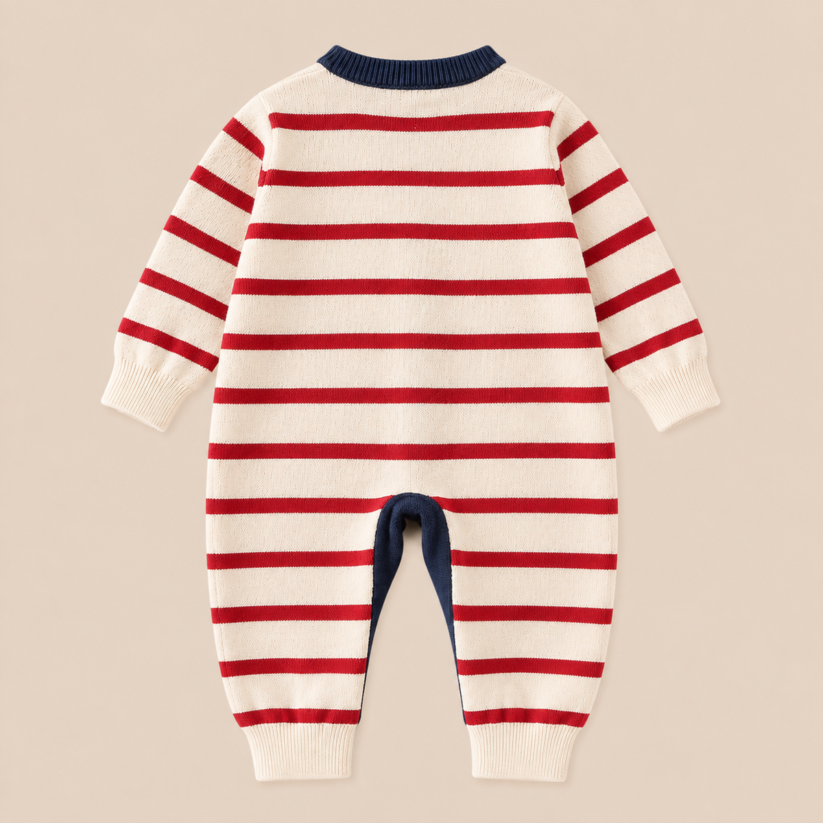 Back view of Little Teddy baby romper featuring red and cream horizontal stripes and ribbed cuffs.