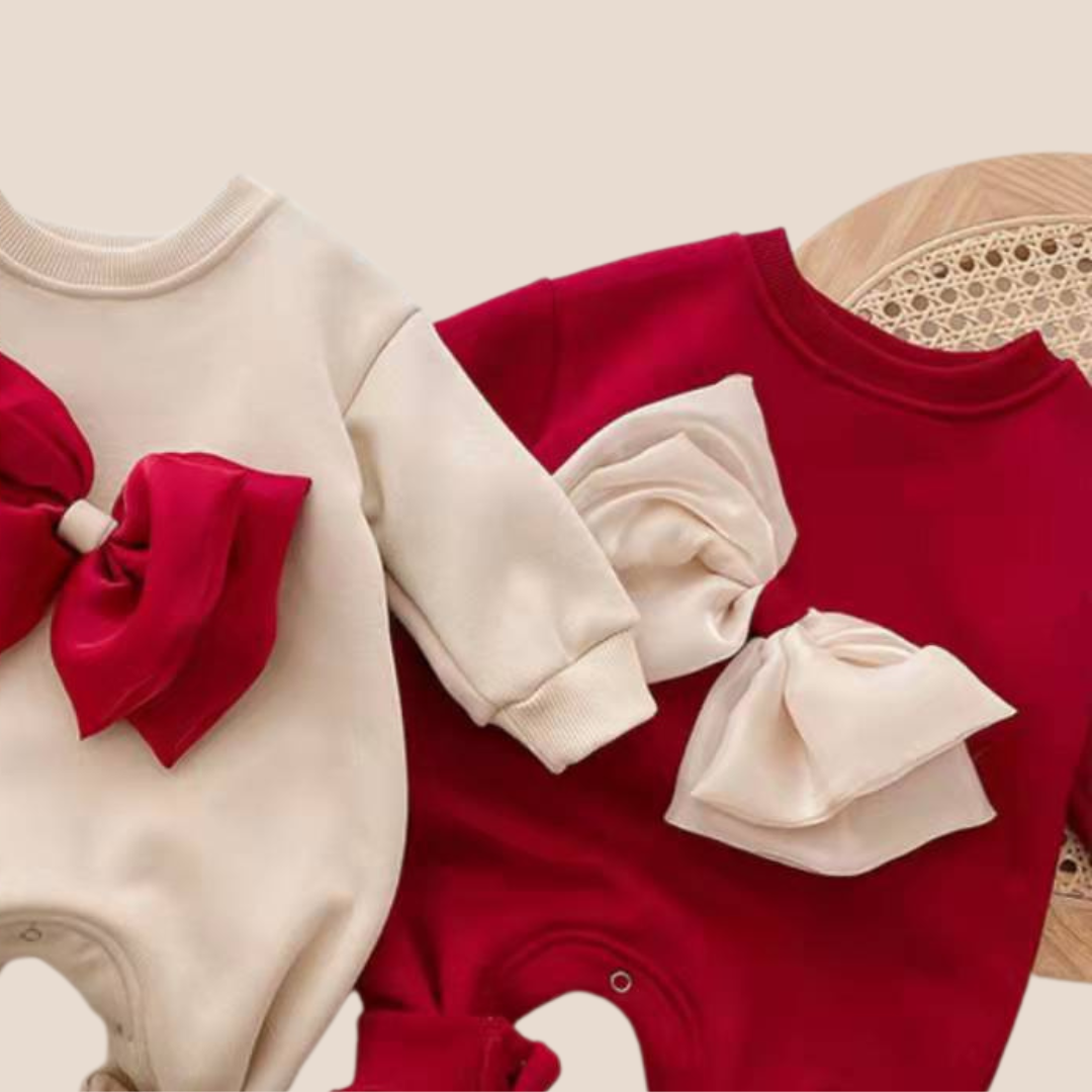 Newborn Baby Girl Festive fleec Bow-Detail Jumpsuit romper white with red bow, red with white bow