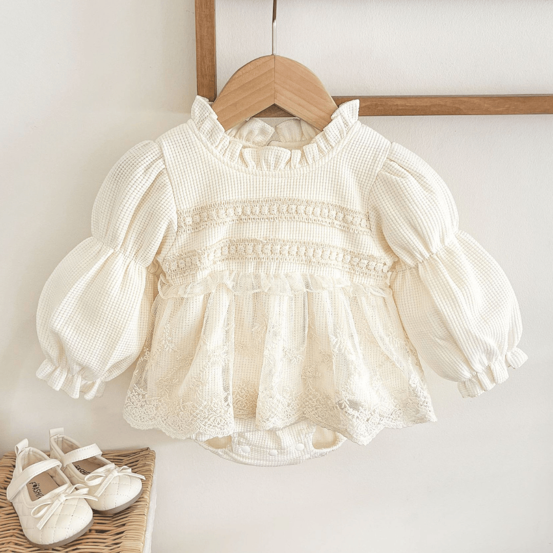 Cotton Craft baby apparel Heirloom Lace Cotton Blend Ivory Baby Romper with Embroidered Tulle | 3-6 Months Personalized and custom baby gifts