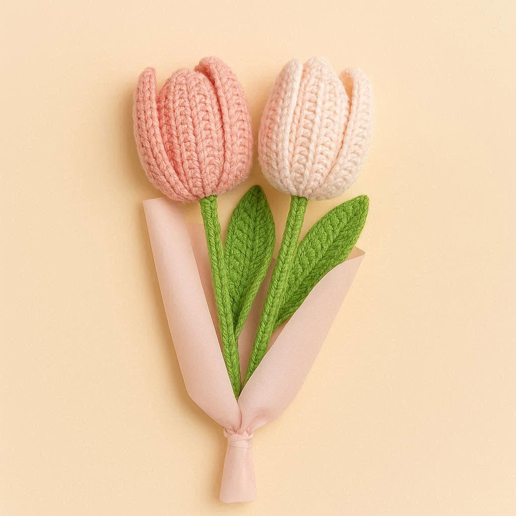 Knitted tulips on a beige background