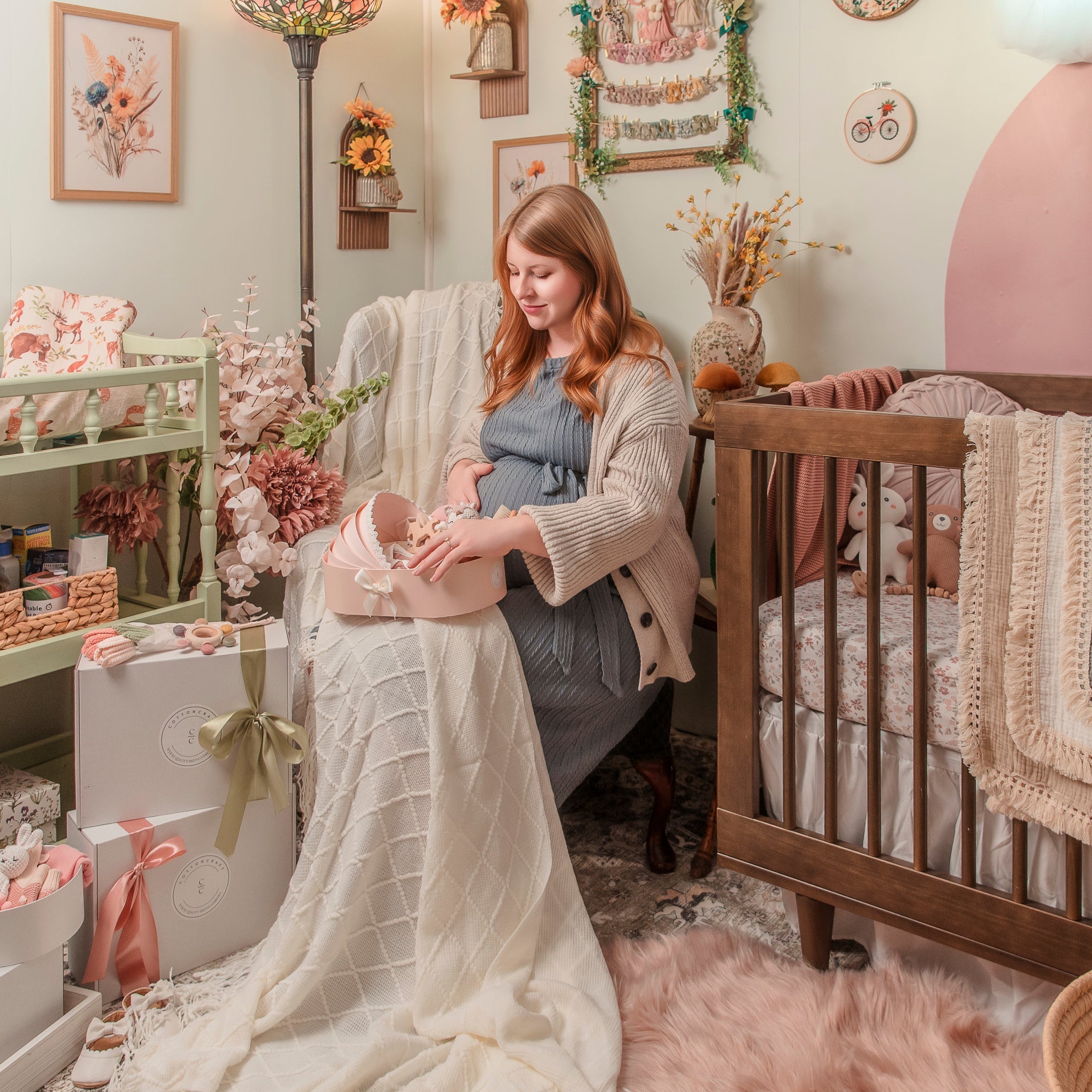Woman in a nursery with a crib and decorative elements