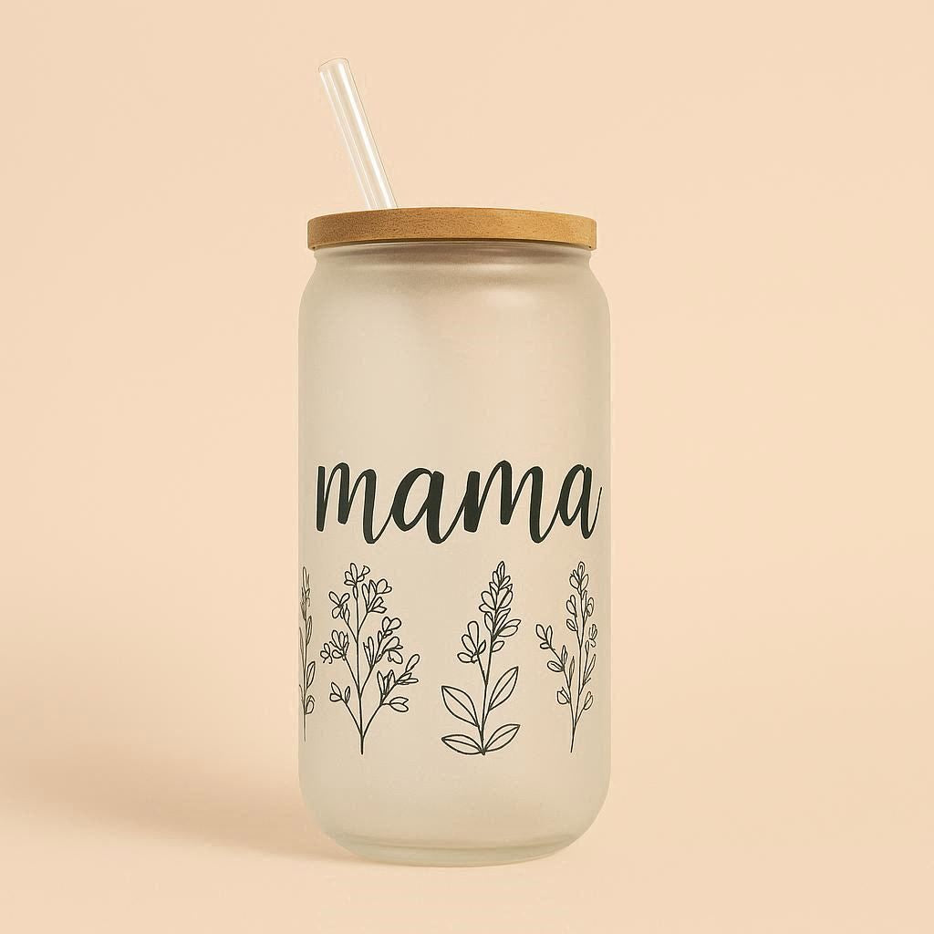 Tumbler with 'mama' and floral designs on a beige background