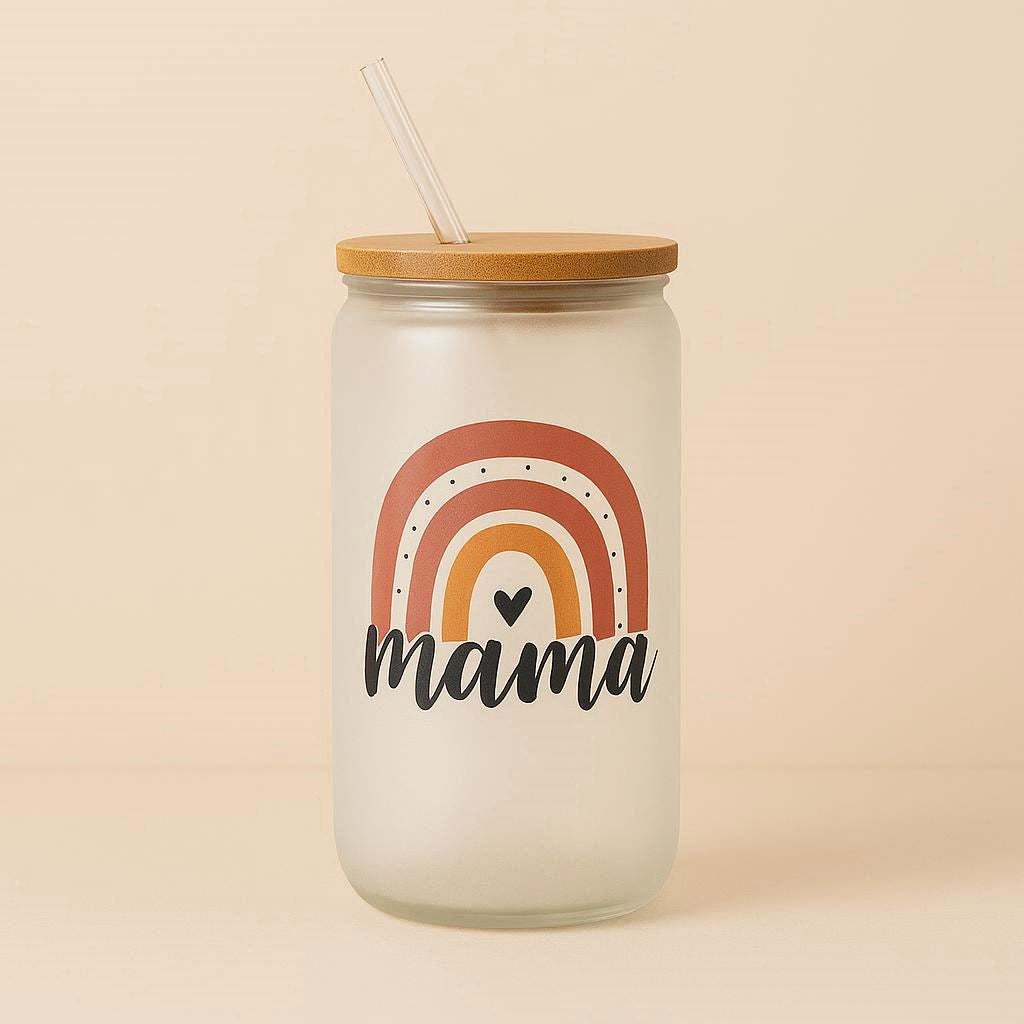 Tumbler with rainbow design and 'mama' text on a beige background