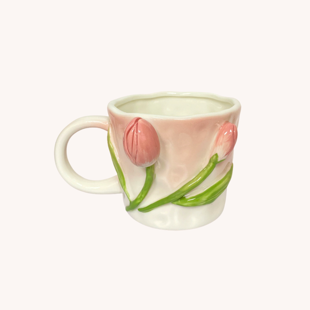 Ceramic floral mom mug tulip design included in mom appreciation baby shower gift bundle