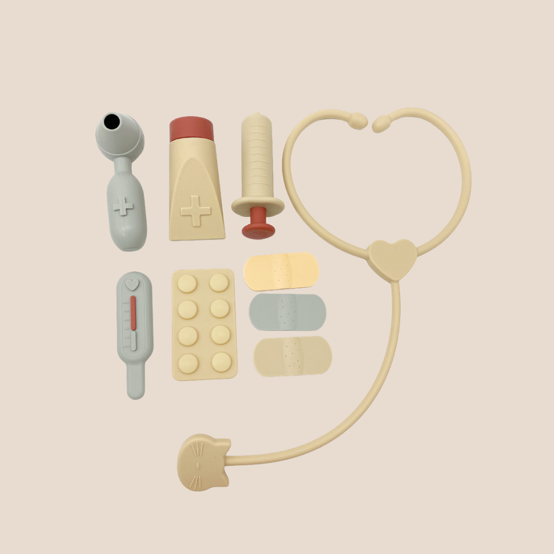 silicone baby doctor toy set with multiple items includied