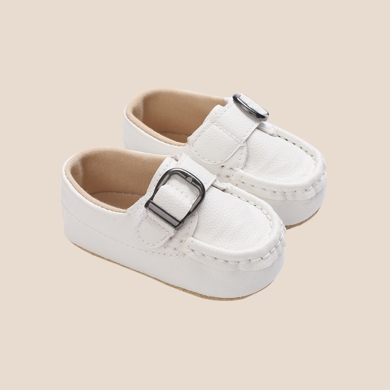 White unisex baby loafers with faux buckle – soft sole prewalker shoes