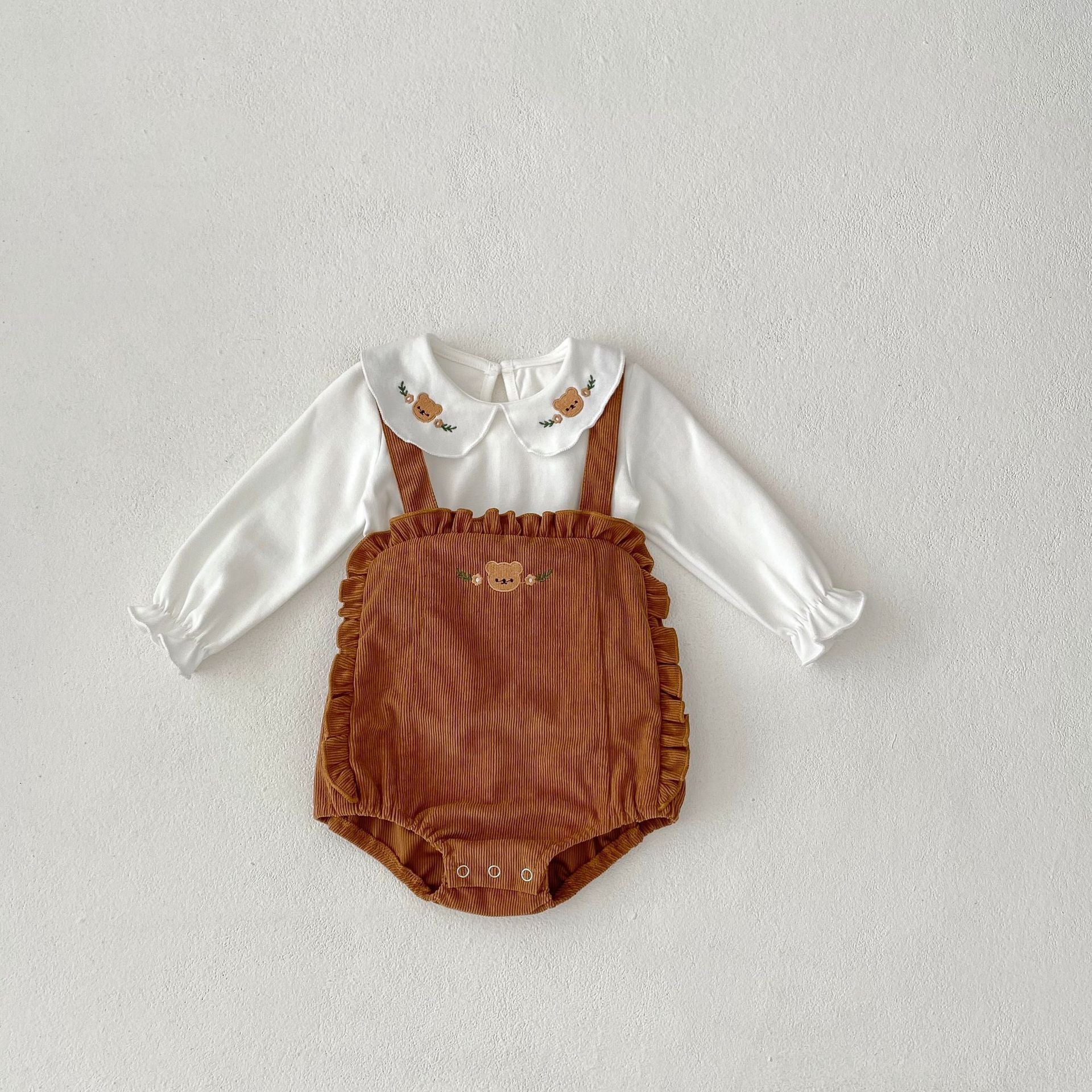 baby girl romper set  corduroy brown with white cotton ruffled sleeve shirt