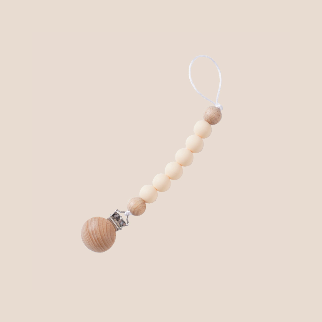 Cream wood and silicone beaded pacifier clip – neutral baby gift box accessory