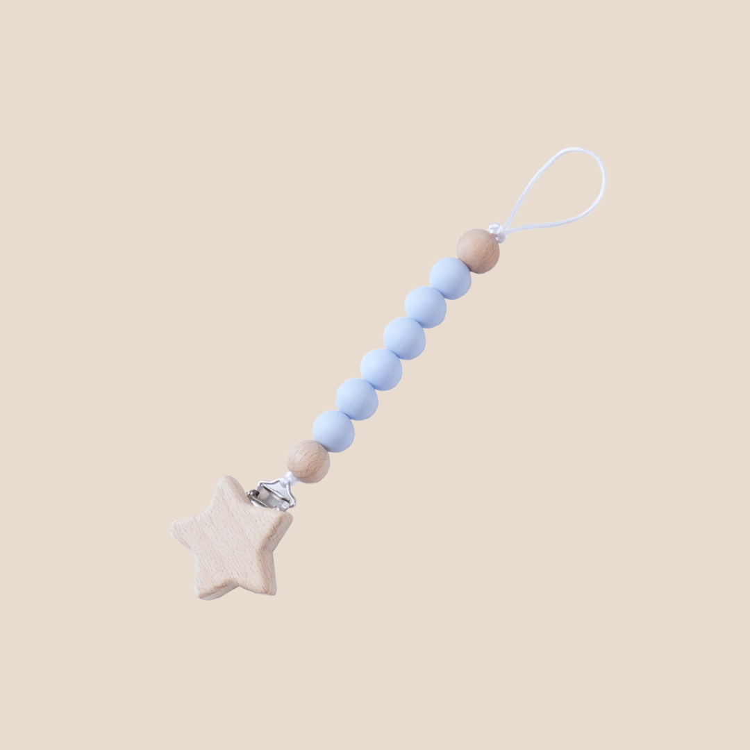 Blue beaded pacifier clip with wooden star clasp – cute add-on for baby shower gifts