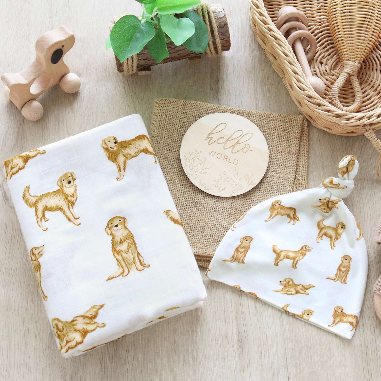 Cotton Craft bamboo cotton blanket Organic Bamboo Cotton Baby Swaddle Gift Set with Hat & Wooden Birth Card Personalized and custom baby gifts