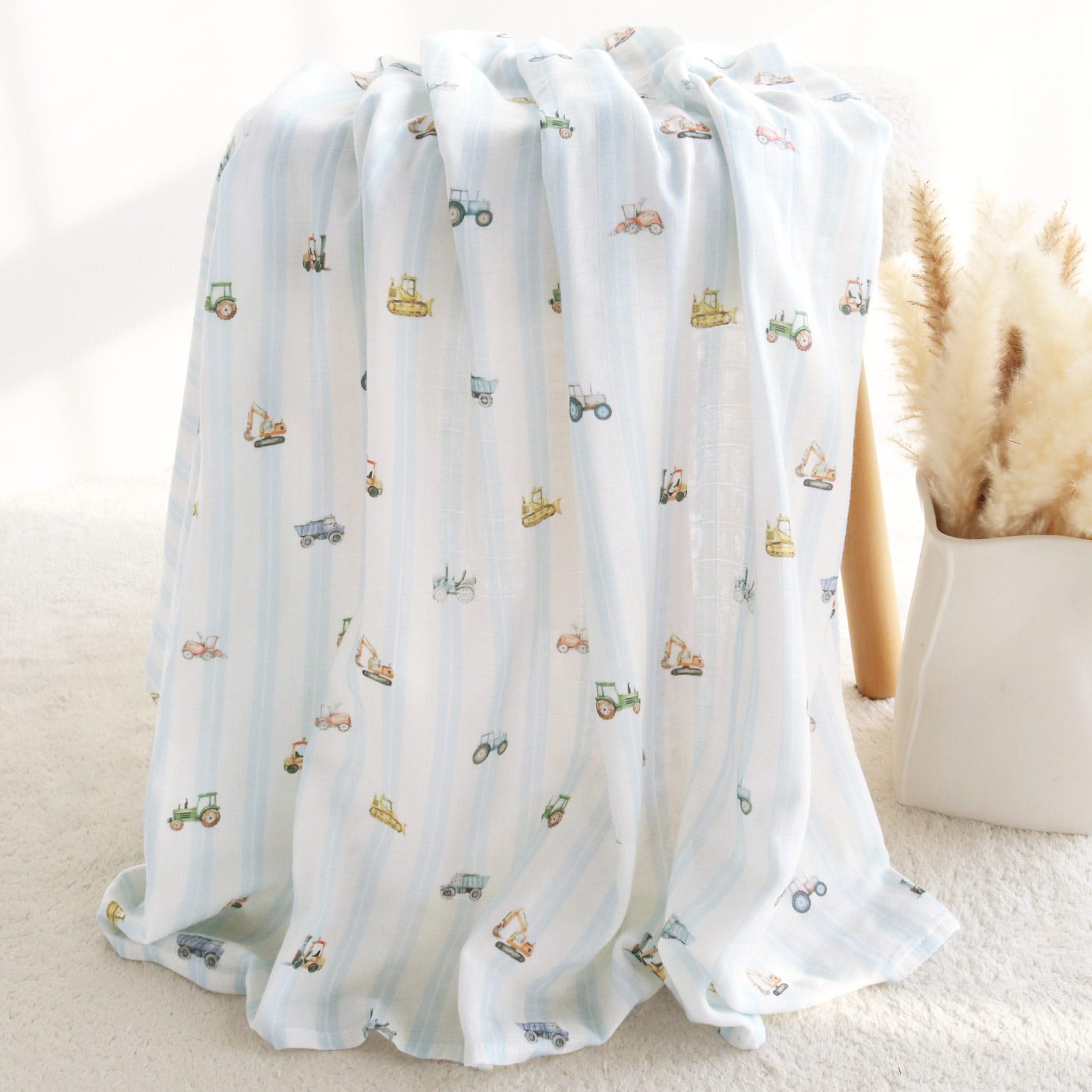 Cotton Craft bamboo cotton blanket Blue Tractor Print Stripped Cotton Baby Swaddle Blanket Personalized and custom baby gifts