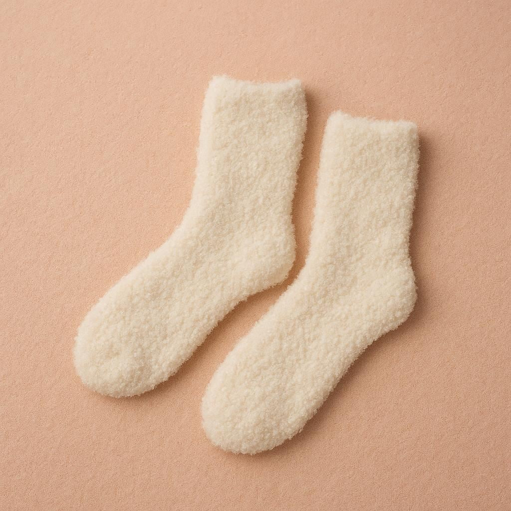 Pair of fluffy white socks on a beige background