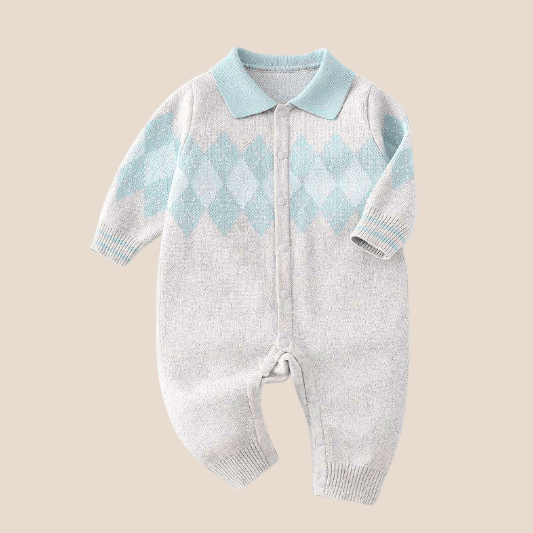 Cotton Craft baby apparel Argyle Knit Sky Blue Collared Baby Romper (0–6 Months) Personalized and custom baby gifts
