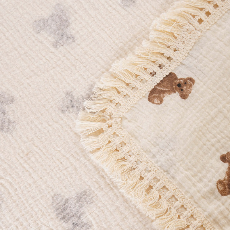Fringed Muslin Cotton Baby Swaddle Blanket – Teddy Bear Print
