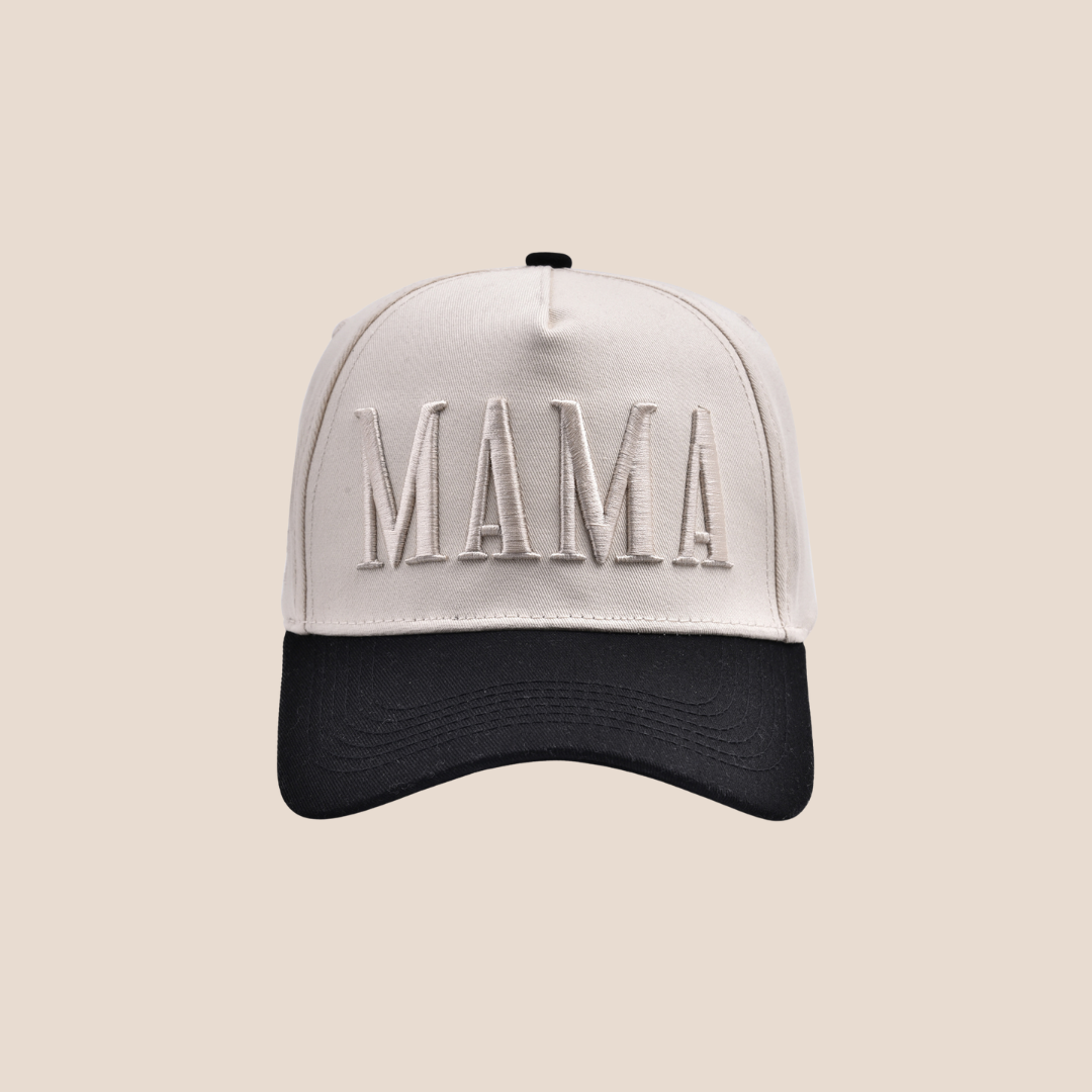 Cap with 'MAMA' embroidery on a beige background