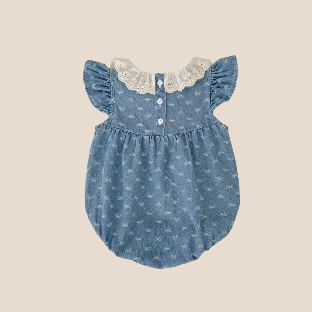 blue denim baby romper with flutter sleeves newborn girl outfit