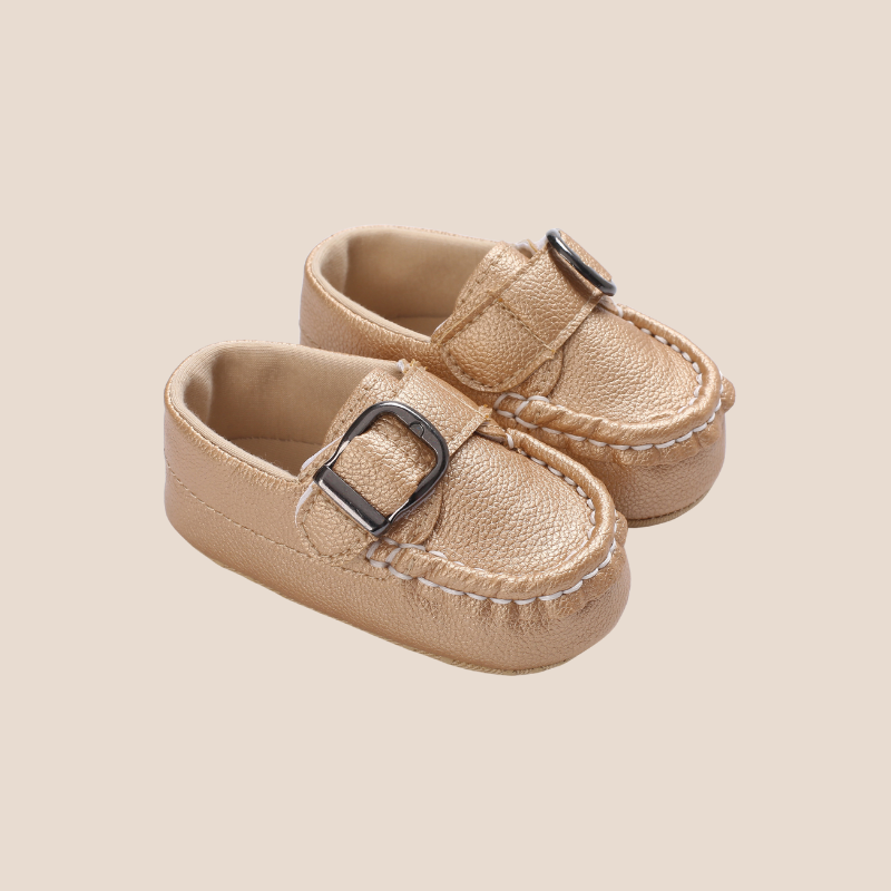 Gold baby moccasin loafers with soft sole and buckle detail – size 1
