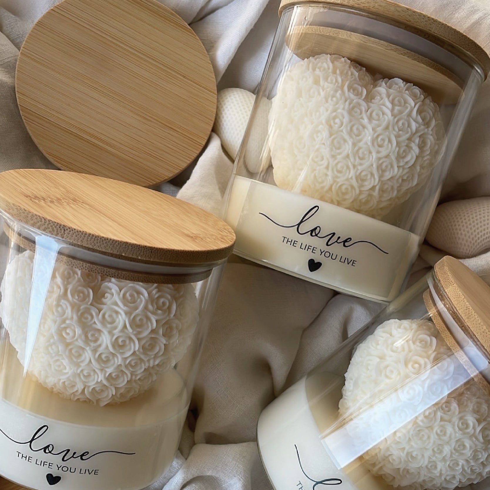 Premium handcrafted rose heart candle in glass vessel, eco-friendly soy wax candle gift ideal for Mother's Day, weddings, anniversaries, baby showers, and housewarming celebrations.