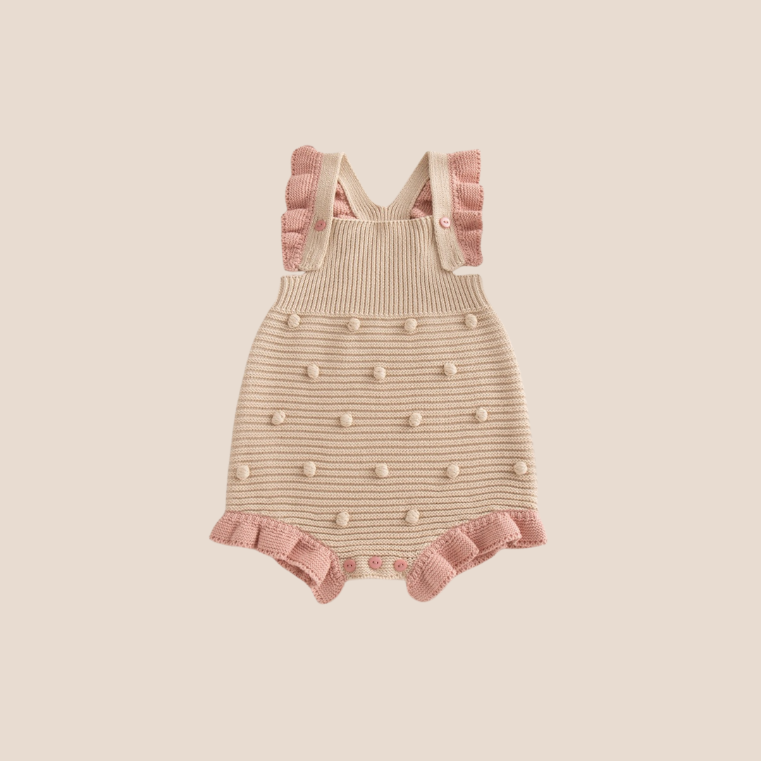 Blush Ruffle Knit Baby Romper with Bobble Detail