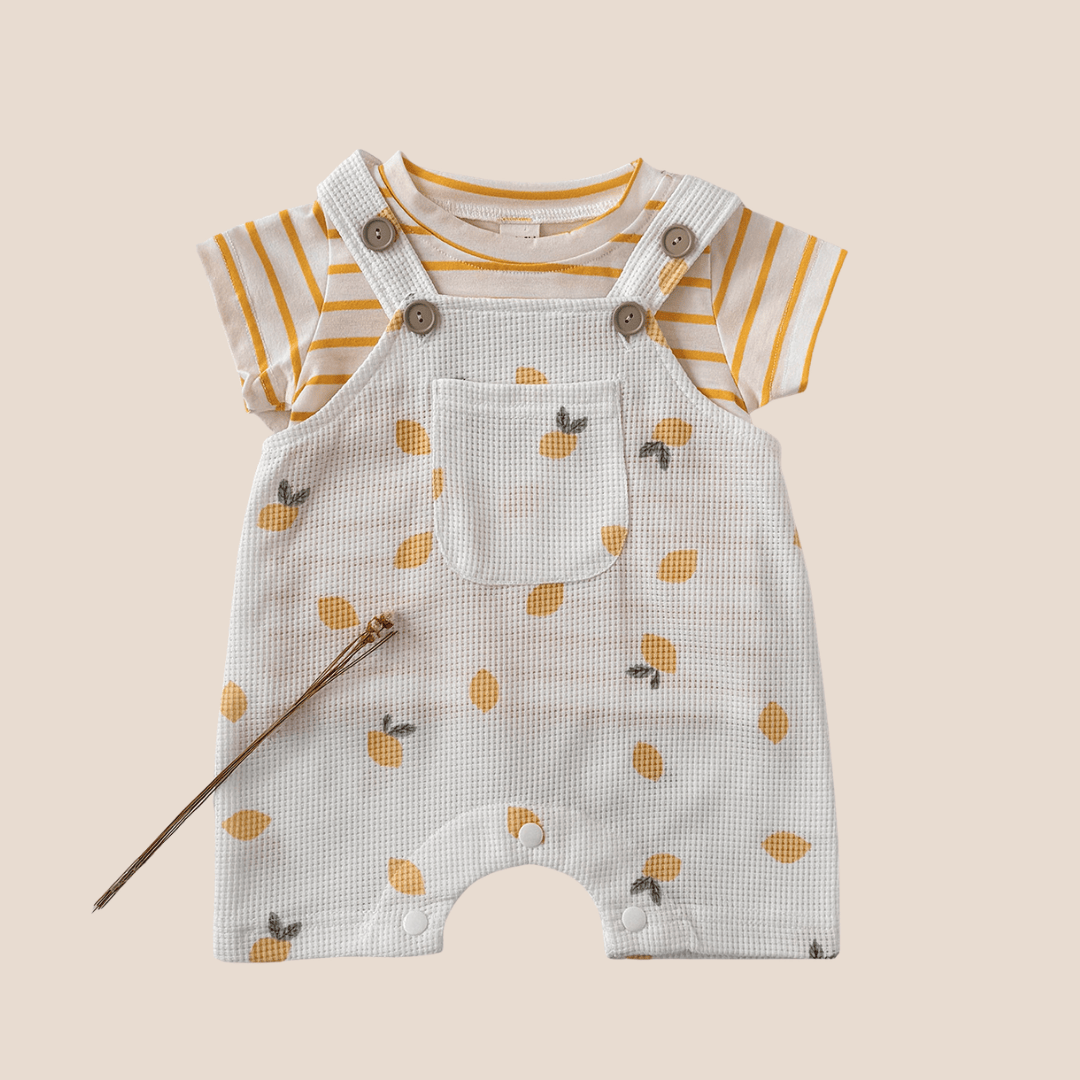 Boutique summer baby outfit with striped tee and lemon romper