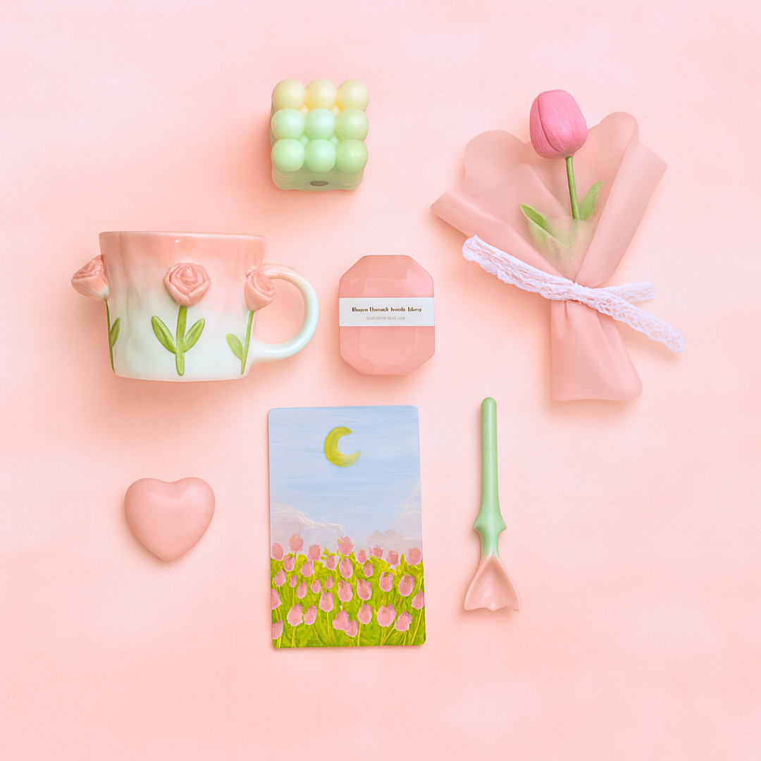 Flat lay of mom care bundle with floral mug, handmade candle, soaps and bath essentials for baby shower or client gift