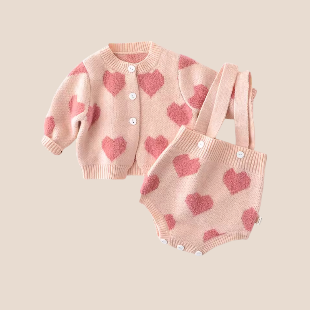 Blush Heart Knit Baby Girl Romper & Cardigan Set (0–6 Months)