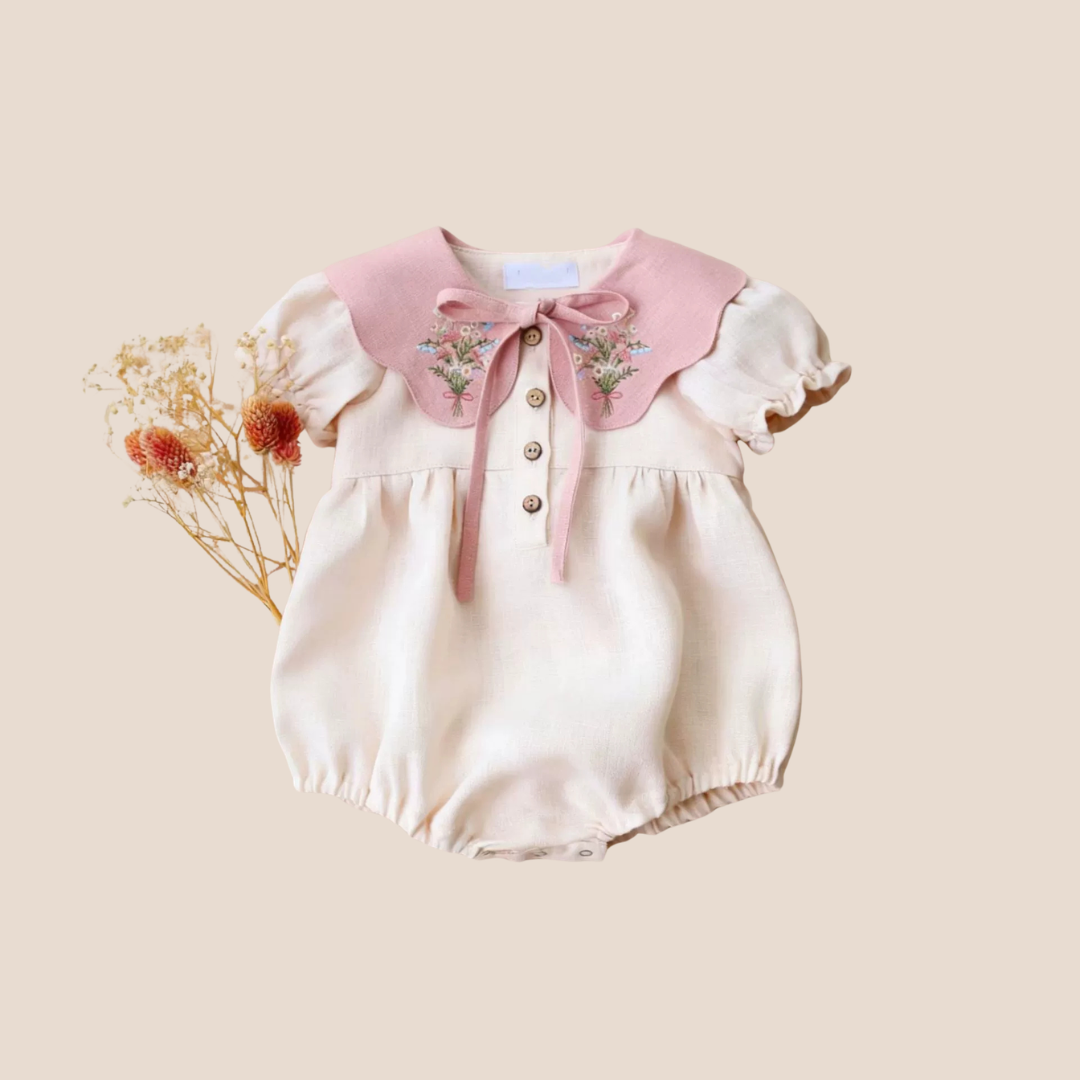 Cotton Craft Blush Blossom embroidered baby girl romper with pink Peter Pan collar
