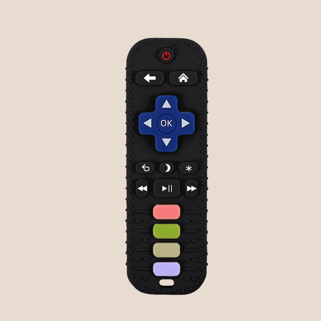 Cotton Craft BPA-free silicone baby remote sensory toy in black with colorful tactile buttons