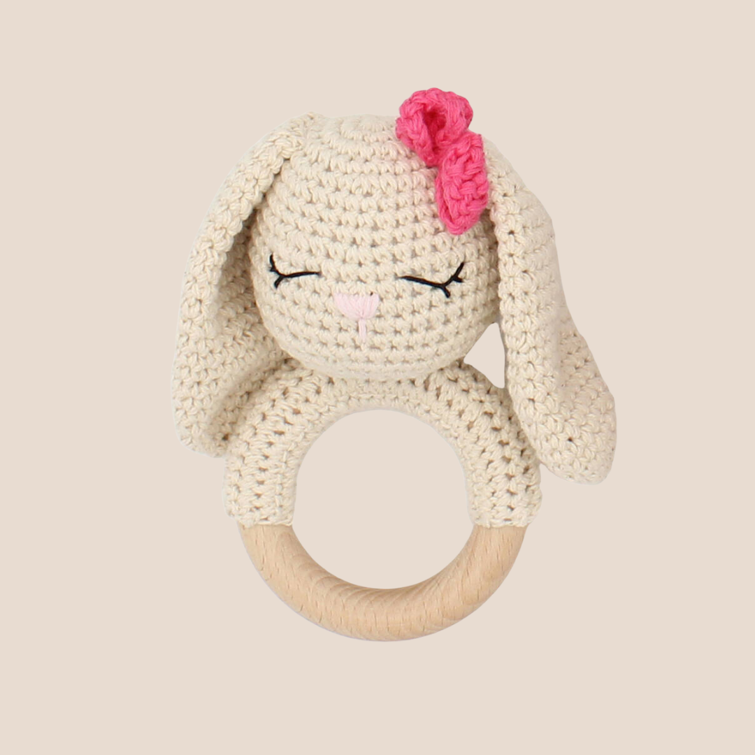 Cotton Craft Blossom Bunny crochet baby rattle with wooden ring and pink flower