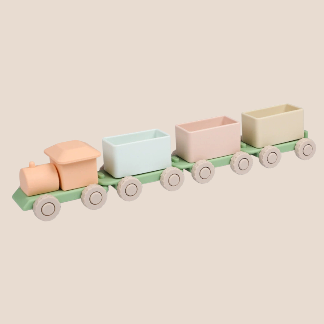 BPA-Free silicone pull-along toy train with detachable pastel train cars for babies and toddlers