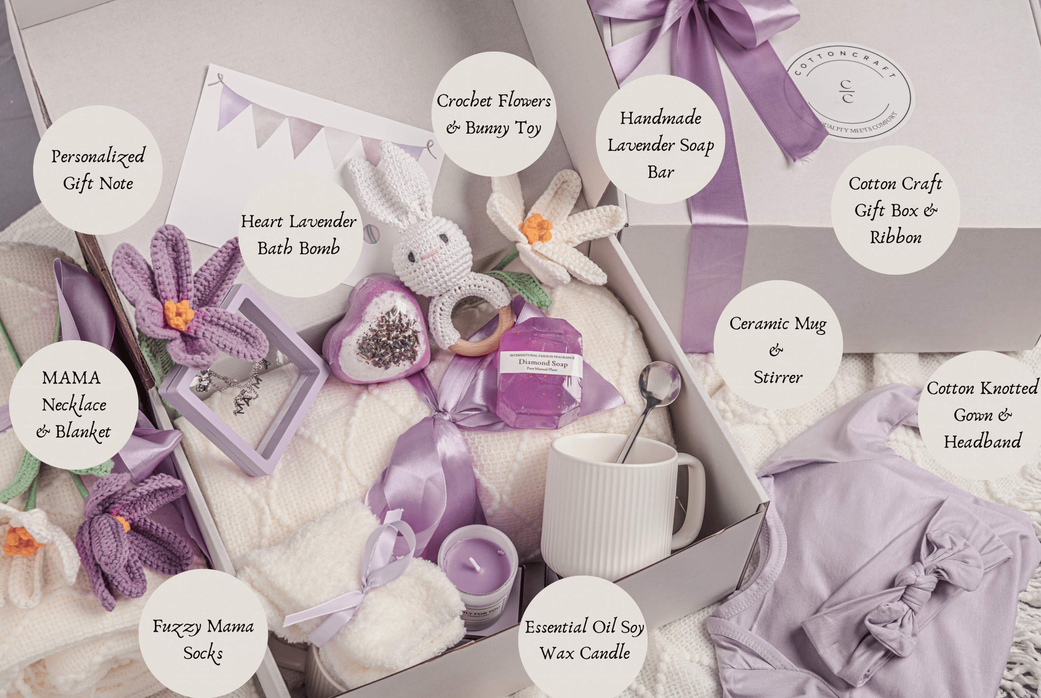 Collection of lavender-themed products including a mug, bath bombs, and necklaces on a white background.