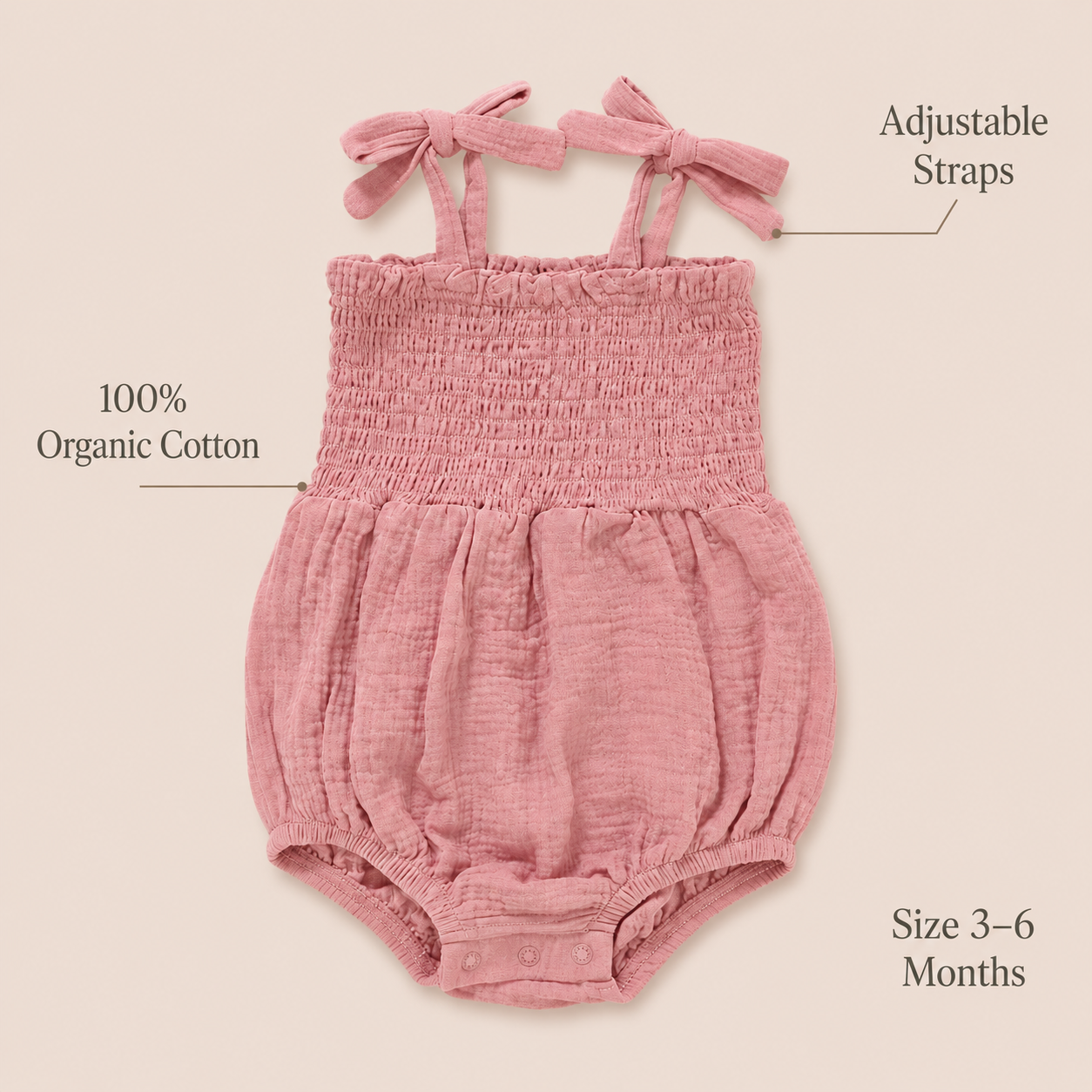 Organic Cotton Smocked Baby Romper with Adjustable Tie Straps – 3–6 Months