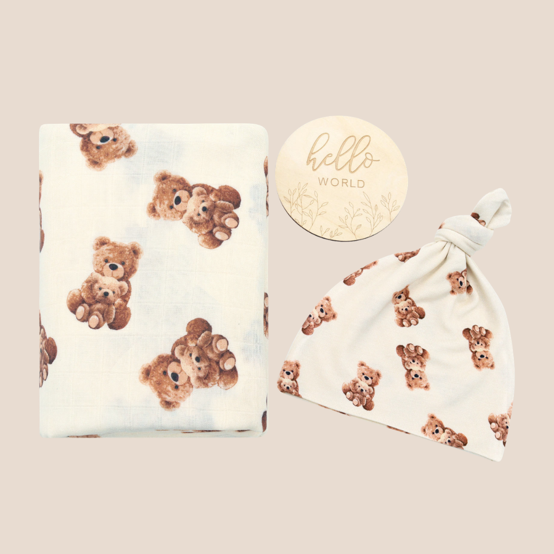 Organic Bamboo Cotton Baby Swaddle Gift Set with Hat & Wooden Birth Card