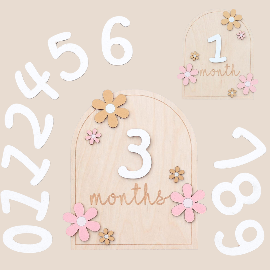 wooden baby milestone sign set with interchangeable numbers floral design