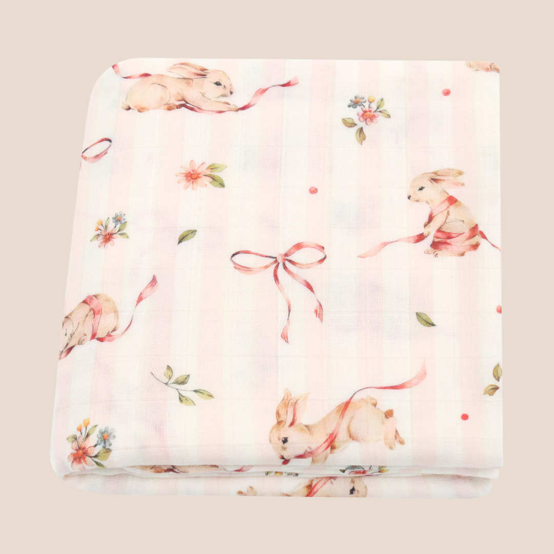 Bunny Meadow Striped Bamboo Cotton Swaddle Blanket