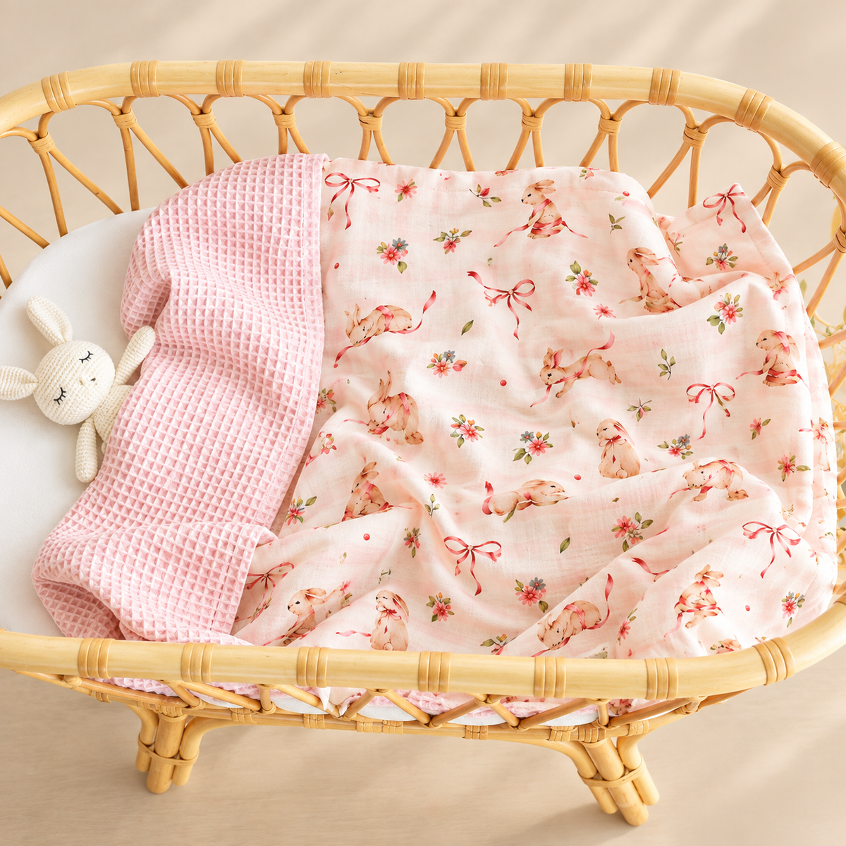 Cotton Craft Blossom Bunny waffle baby blanket with watercolor bunny print and blush pink textured fabric styled in a wicker bassinet.