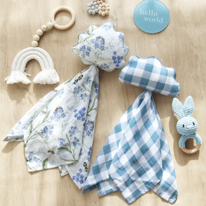 Organic cotton muslin baby lovey with blue check cloud comfort head by Cotton Craft